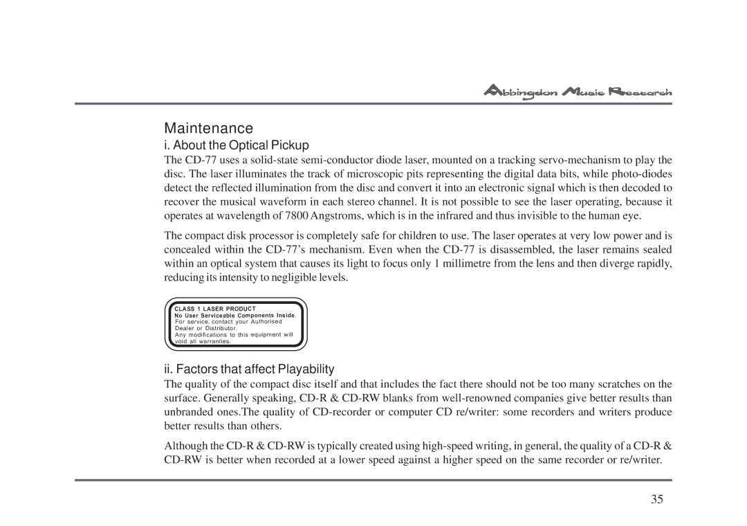 Abbingdon Music Research CD-77 owner manual About the Optical Pickup, Ii. Factors that affect Playability 