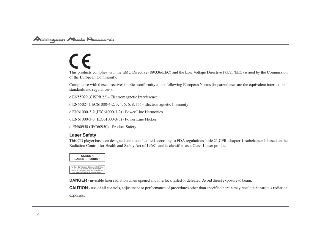 Abbingdon Music Research CD-77 owner manual Laser Safety 