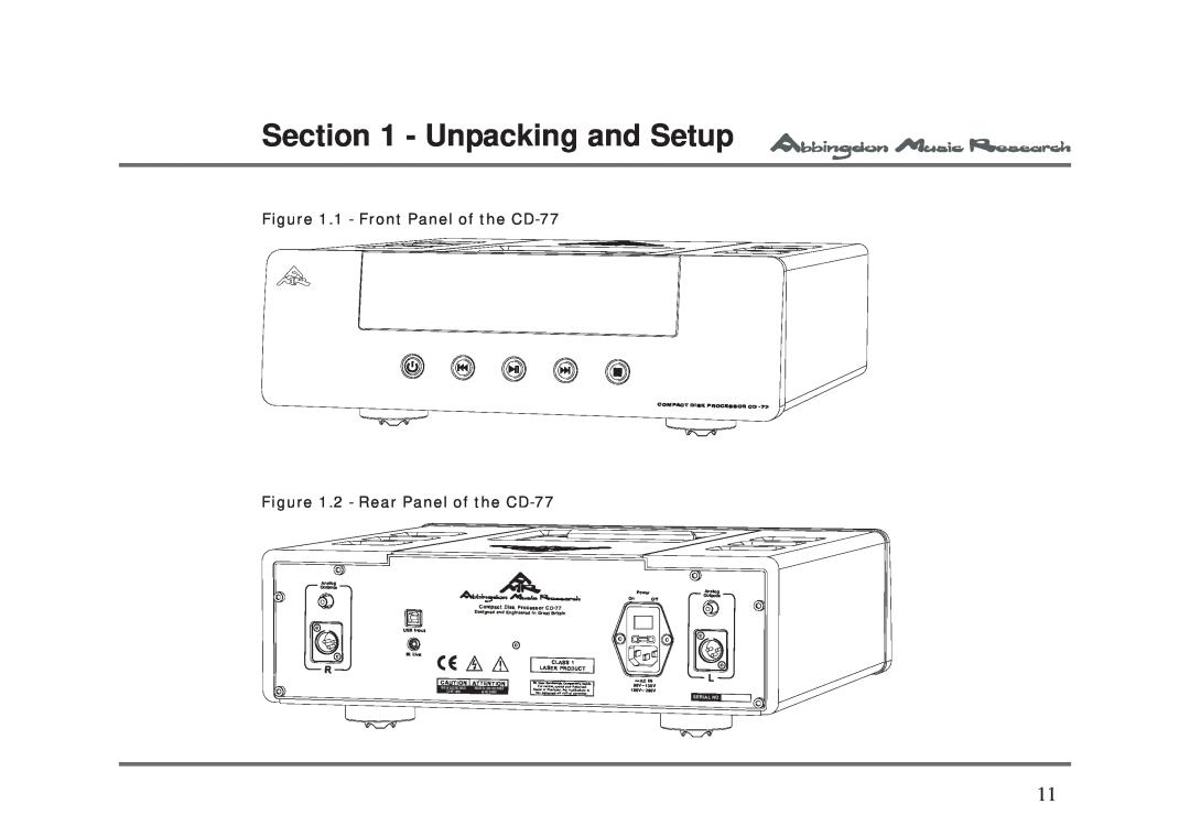 Abbingdon Music Research Unpacking and Setup, 1 - Front Panel of the CD-77, 2 - Rear Panel of the CD-77, Class 