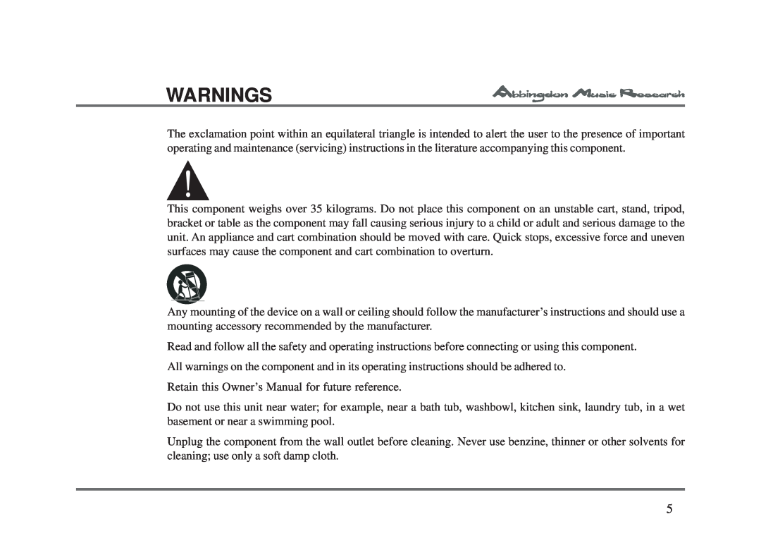 Abbingdon Music Research CD-77 owner manual Warnings 
