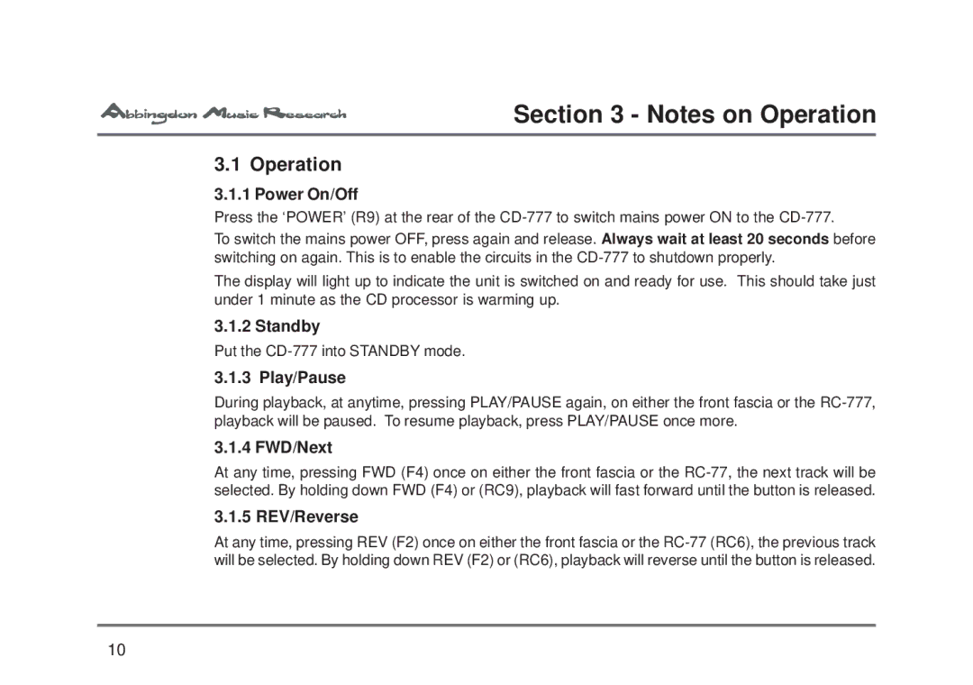 Abbingdon Music Research CD-777 owner manual Operation 