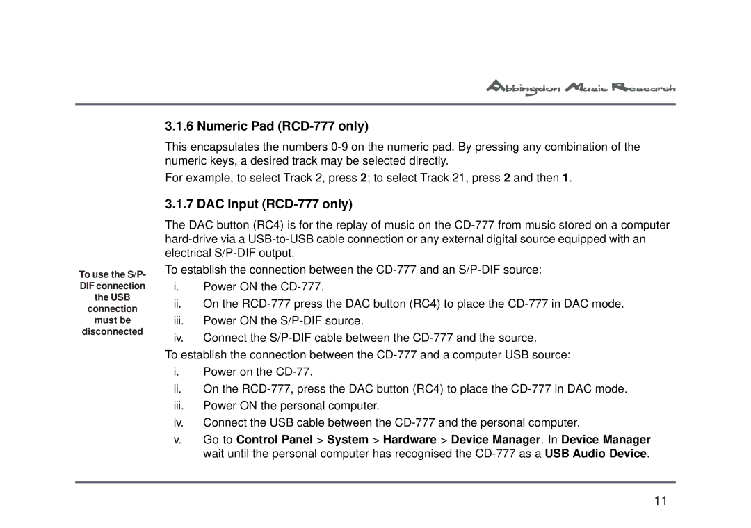 Abbingdon Music Research owner manual Numeric Pad RCD-777 only 