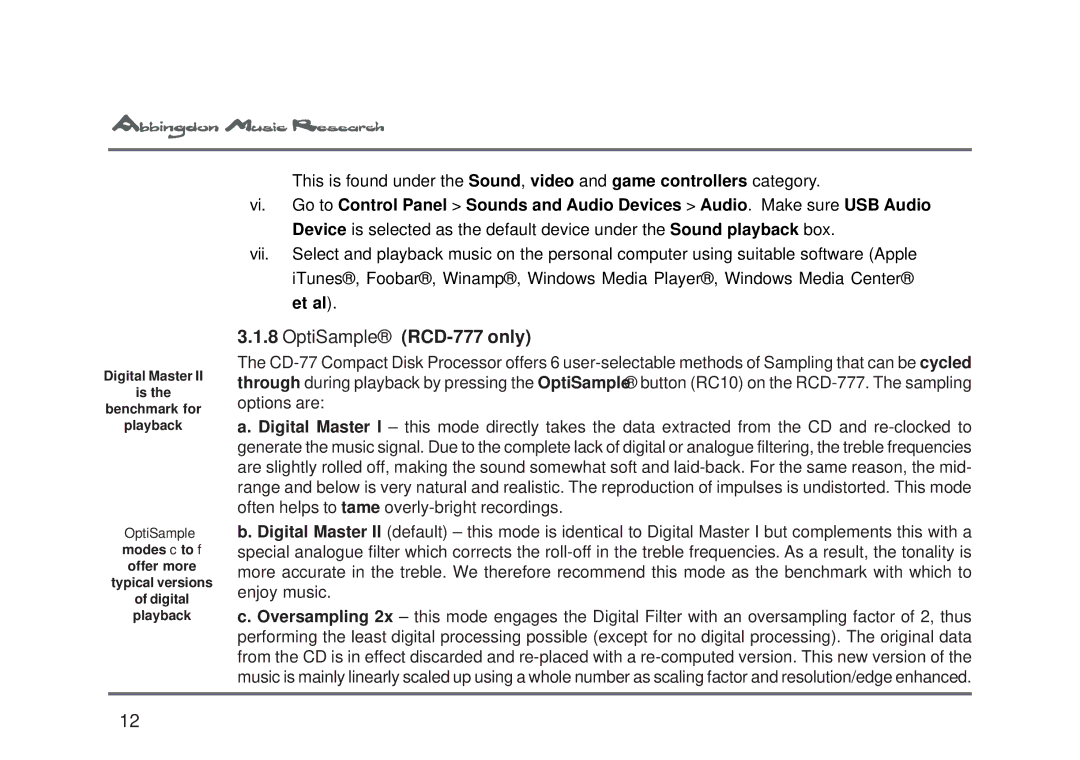 Abbingdon Music Research owner manual OptiSample RCD-777 only 