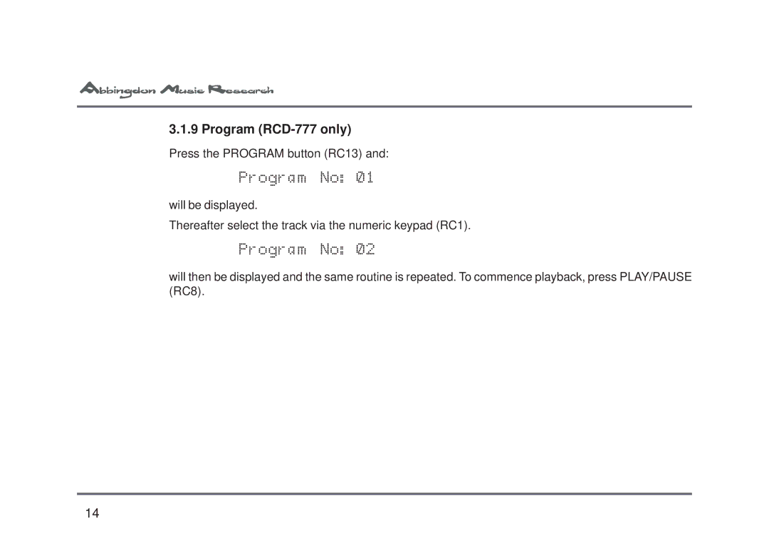 Abbingdon Music Research owner manual Program RCD-777 only 