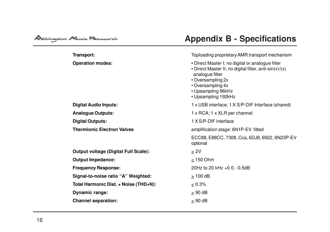 Abbingdon Music Research CD-777 owner manual Appendix B Specifications, Operation modes 