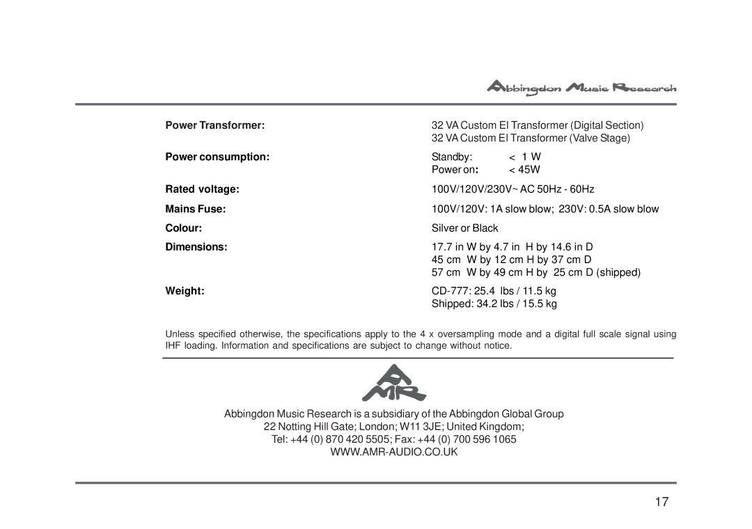 Abbingdon Music Research CD-777 owner manual Power Transformer 