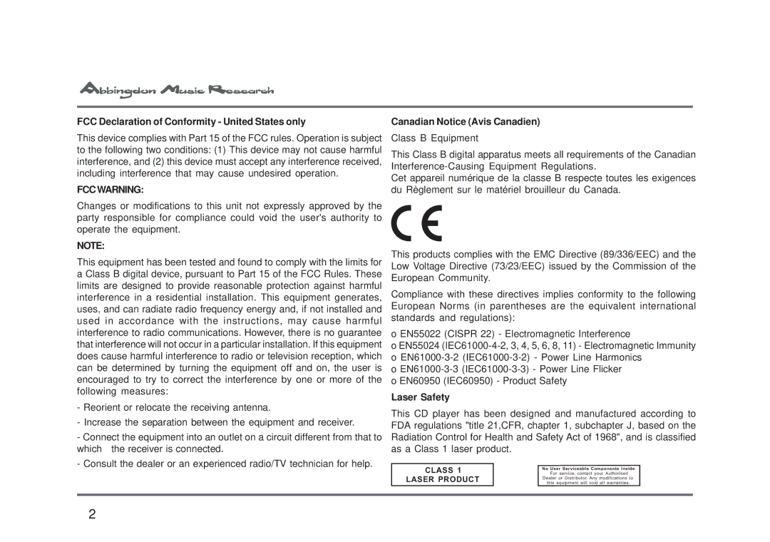 Abbingdon Music Research CD-777 owner manual Fccwarning 