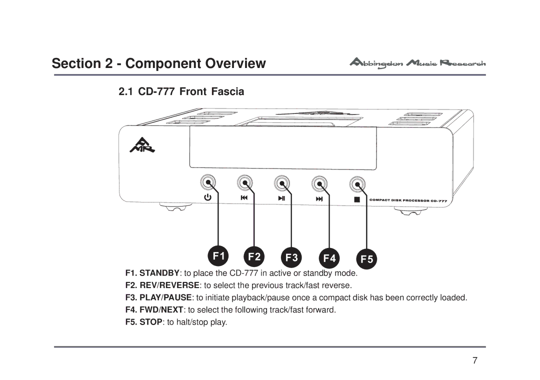 Abbingdon Music Research owner manual Component Overview, CD-777 Front Fascia 