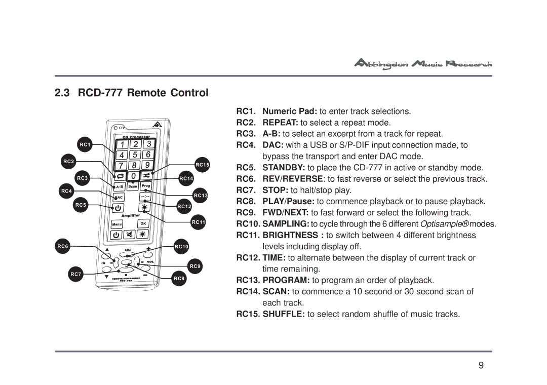 Abbingdon Music Research owner manual RCD-777 Remote Control 