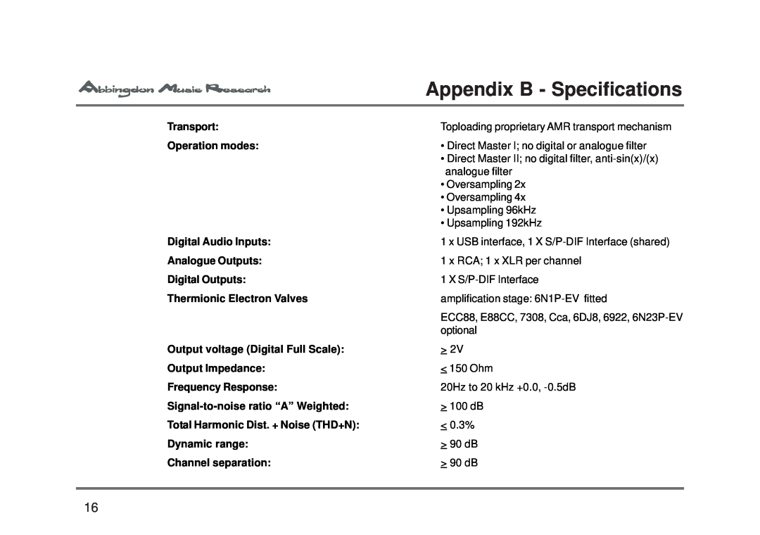 Abbingdon Music Research CD-777 owner manual Appendix B - Specifications 