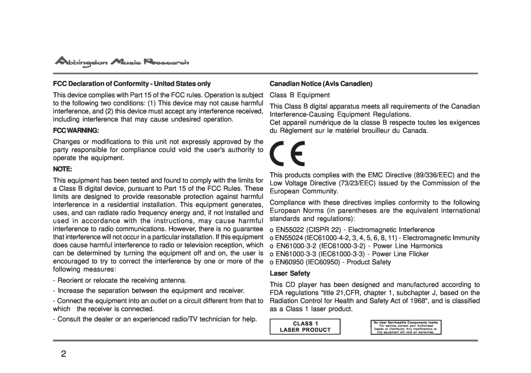 Abbingdon Music Research CD-777 owner manual Fccwarning, Canadian Notice Avis Canadien, Laser Safety 