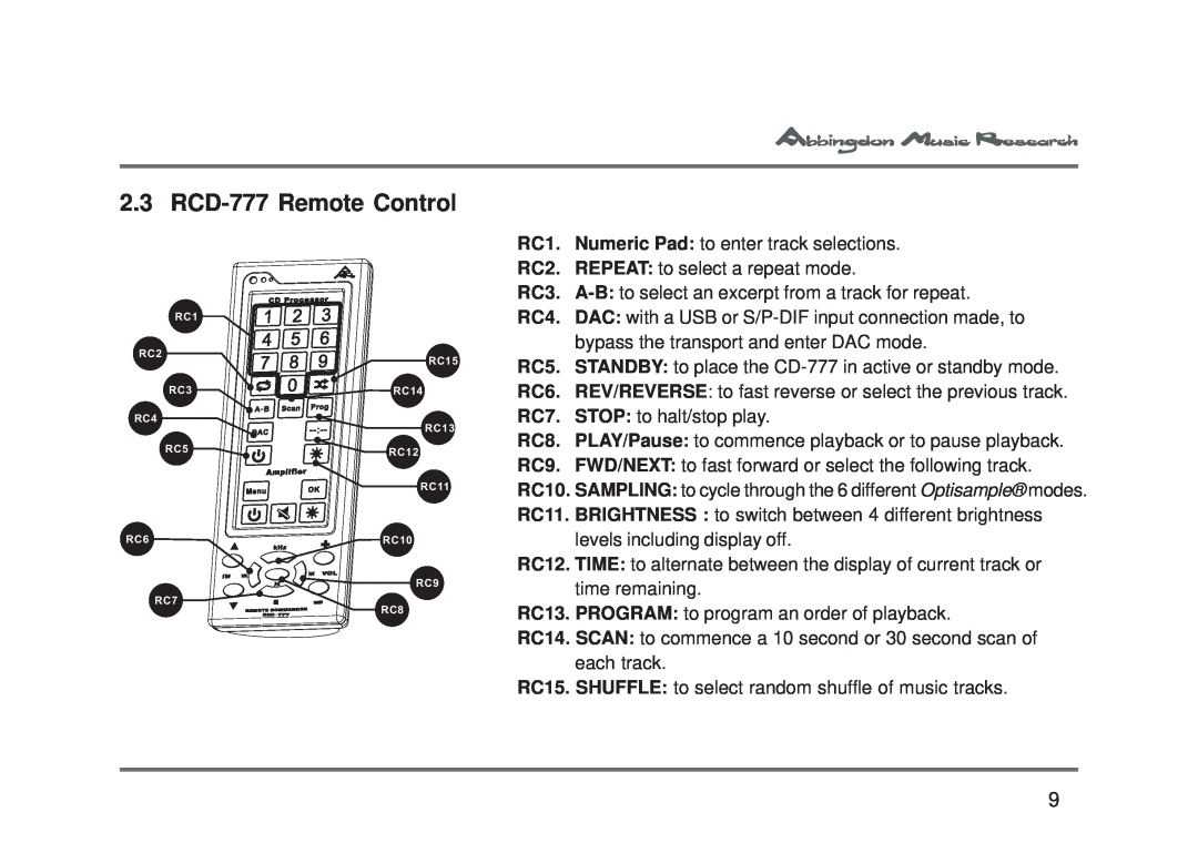 Abbingdon Music Research owner manual RCD-777Remote Control 
