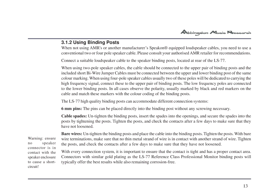 Abbingdon Music Research LS-77 owner manual Using Binding Posts 