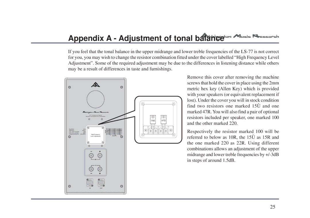 Abbingdon Music Research LS-77 owner manual Appendix a Adjustment of tonal balan ce 