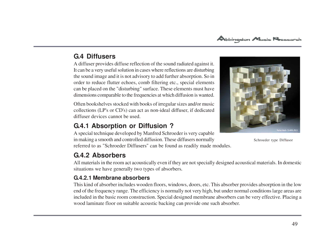 Abbingdon Music Research LS-77 owner manual Diffusers, Absorption or Diffusion ?, Absorbers, Membrane absorbers 