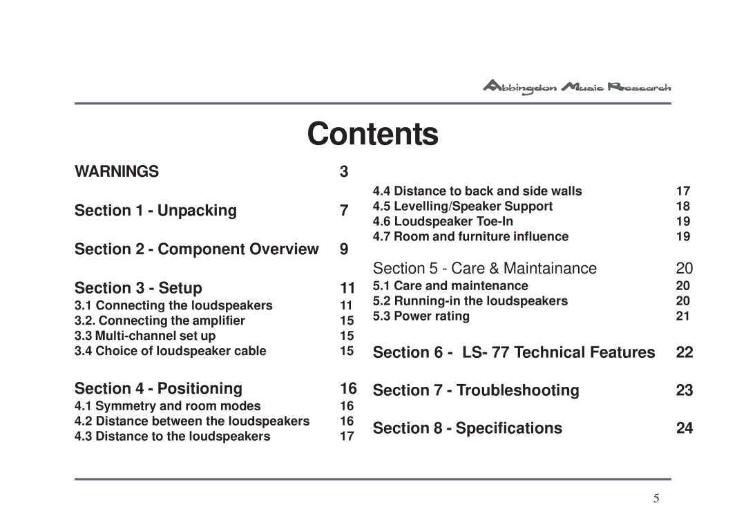 Abbingdon Music Research LS-77 owner manual Contents 