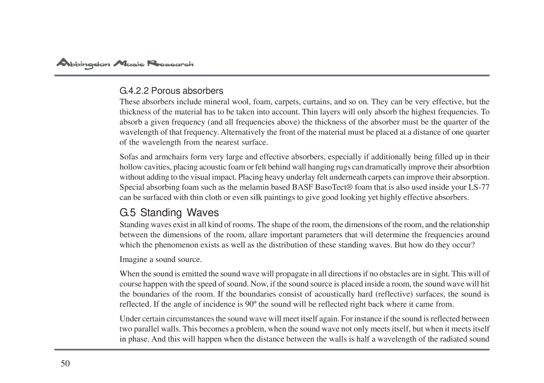 Abbingdon Music Research LS-77 owner manual Standing Waves, Porous absorbers 