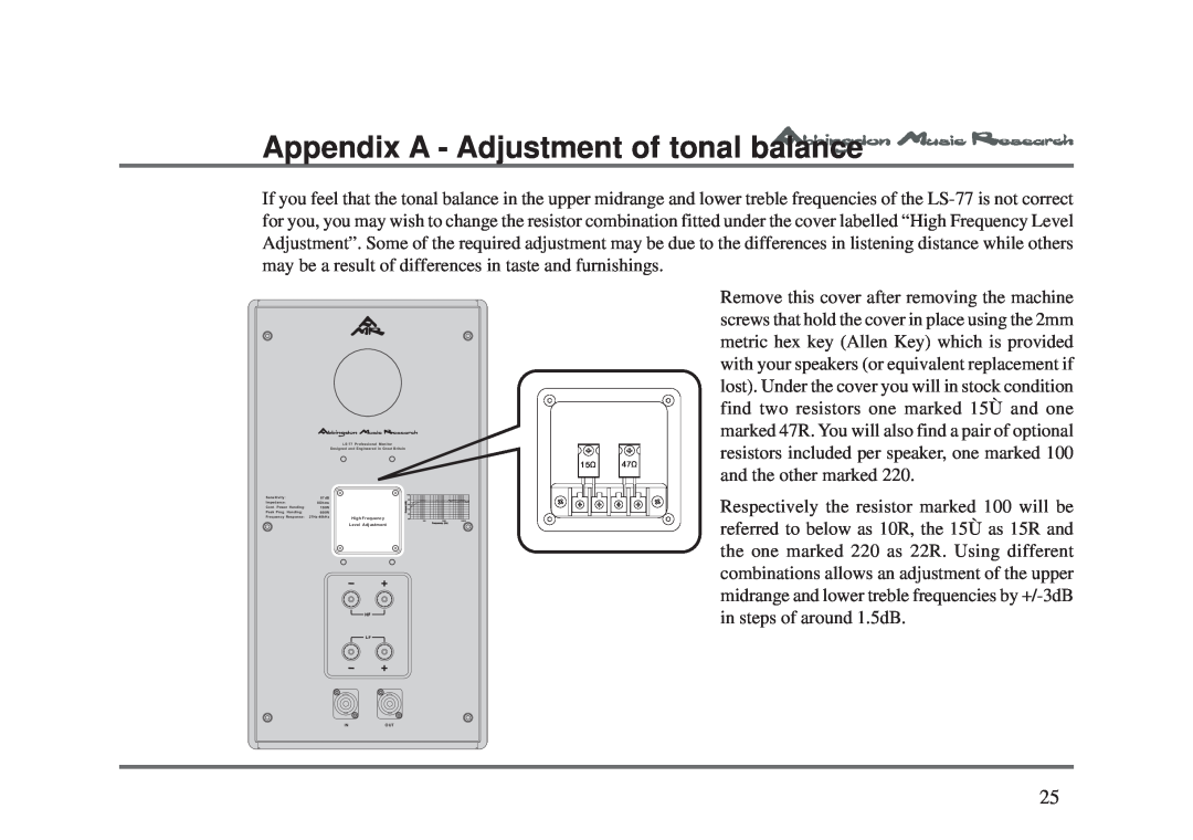 Abbingdon Music Research LS-77 owner manual Appendix A - Adjustment of tonal balance 