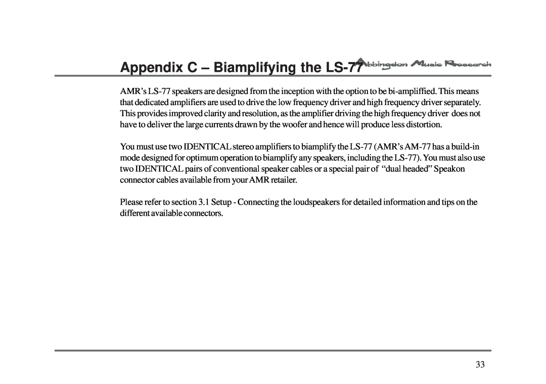 Abbingdon Music Research owner manual Appendix C - Biamplifying the LS-77 