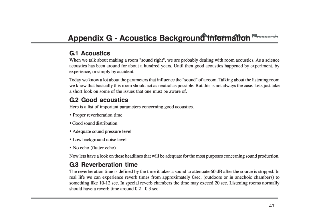 Abbingdon Music Research LS-77 Appendix G - Acoustics Background Information, G.1 Acoustics, G.2 Good acoustics 