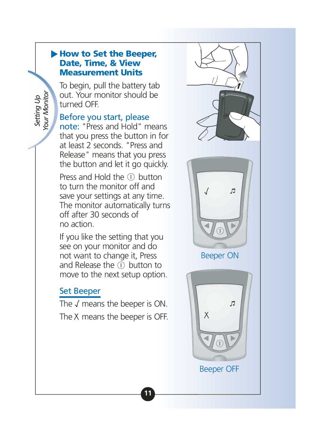 Abbott Diabetes Care ART06986 How to Set the Beeper Date, Time, & View Measurement Units, Not want to change it, Press 