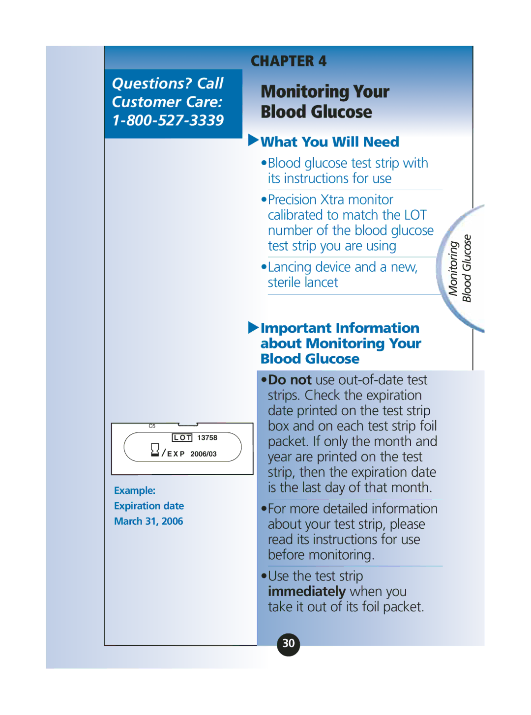 Abbott Diabetes Care ART06986 manual Monitoring Your Blood Glucose, Lancing device and a new, sterile lancet 