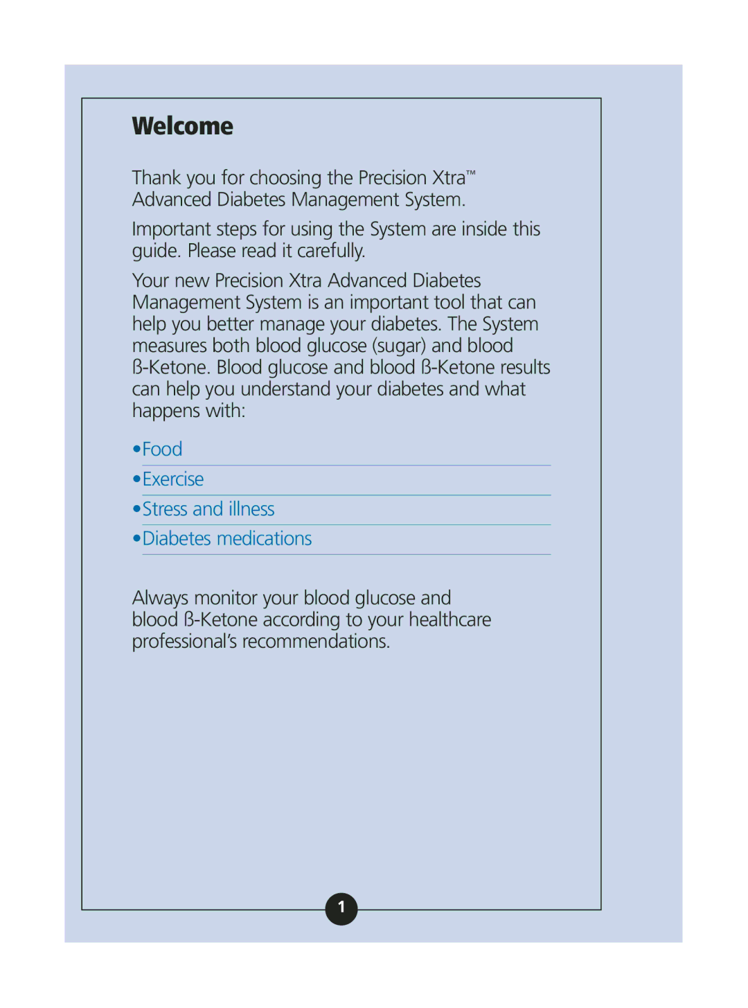 Abbott Diabetes Care ART06986 manual Welcome, Food Exercise Stress and illness Diabetes medications 