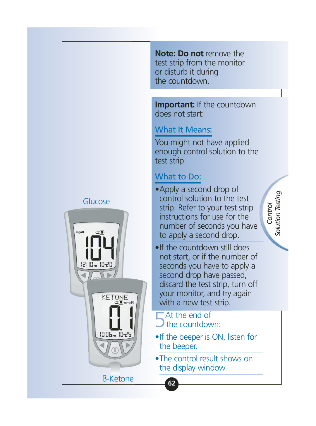 Abbott Diabetes Care ART06986 manual Glucose Ketone, Countdown Important If the countdown does not start 