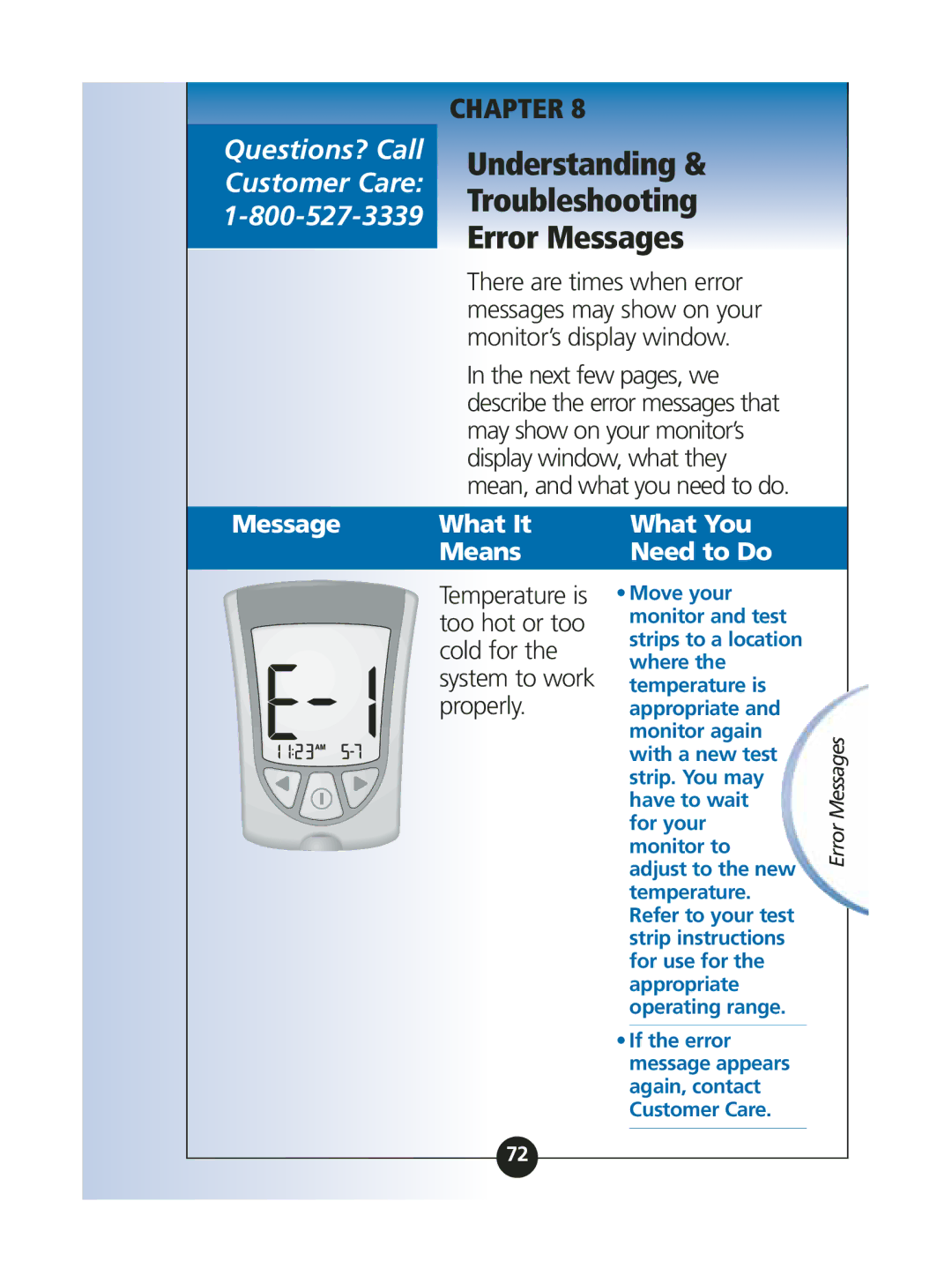 Abbott Diabetes Care ART06986 manual Understanding Troubleshooting Error Messages, Too hot or too, Cold for, Properly 