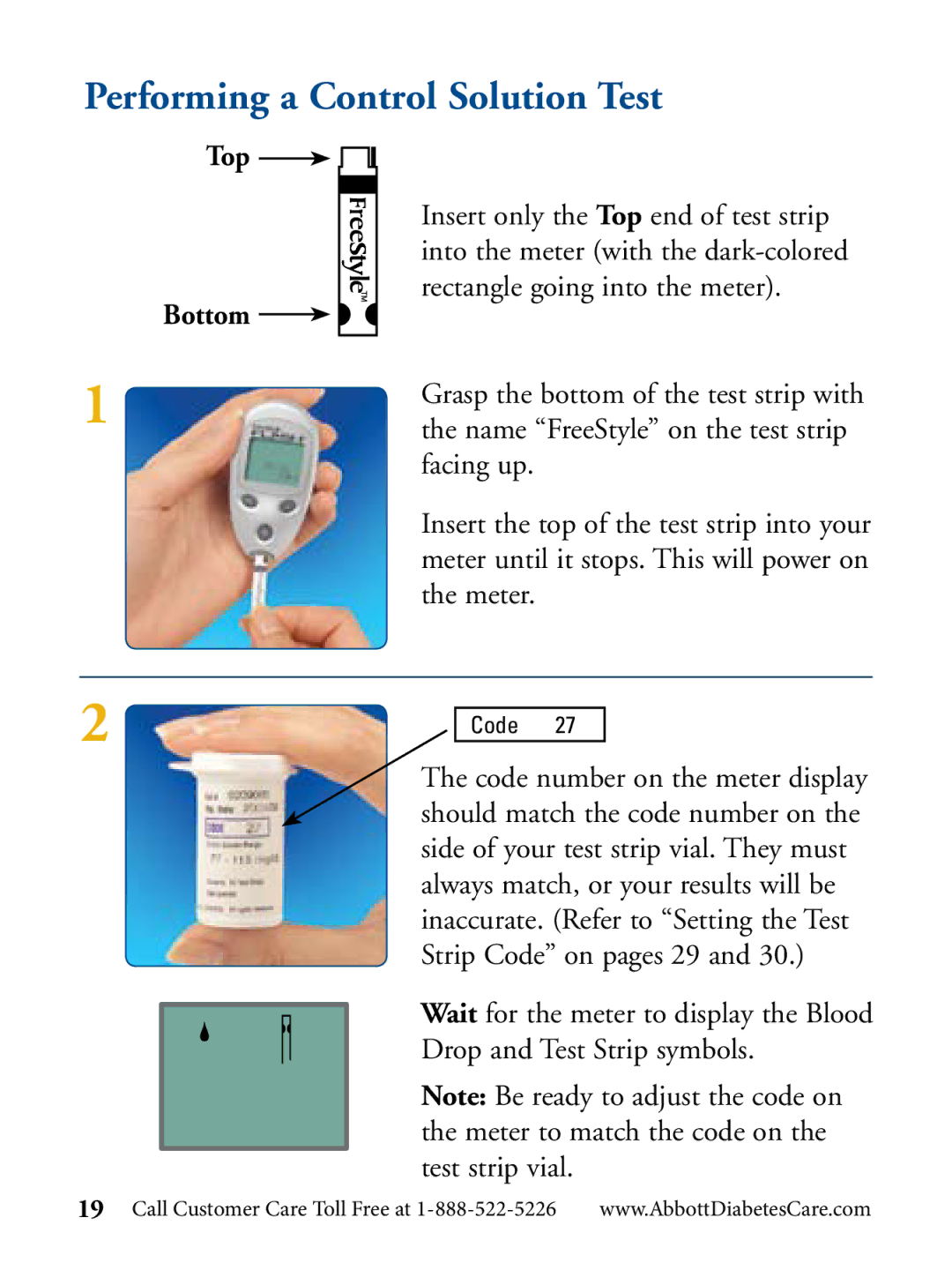 Abbott Diabetes Care Blood Glucose Monitor manual Performing a Control Solution Test, Top Bottom 