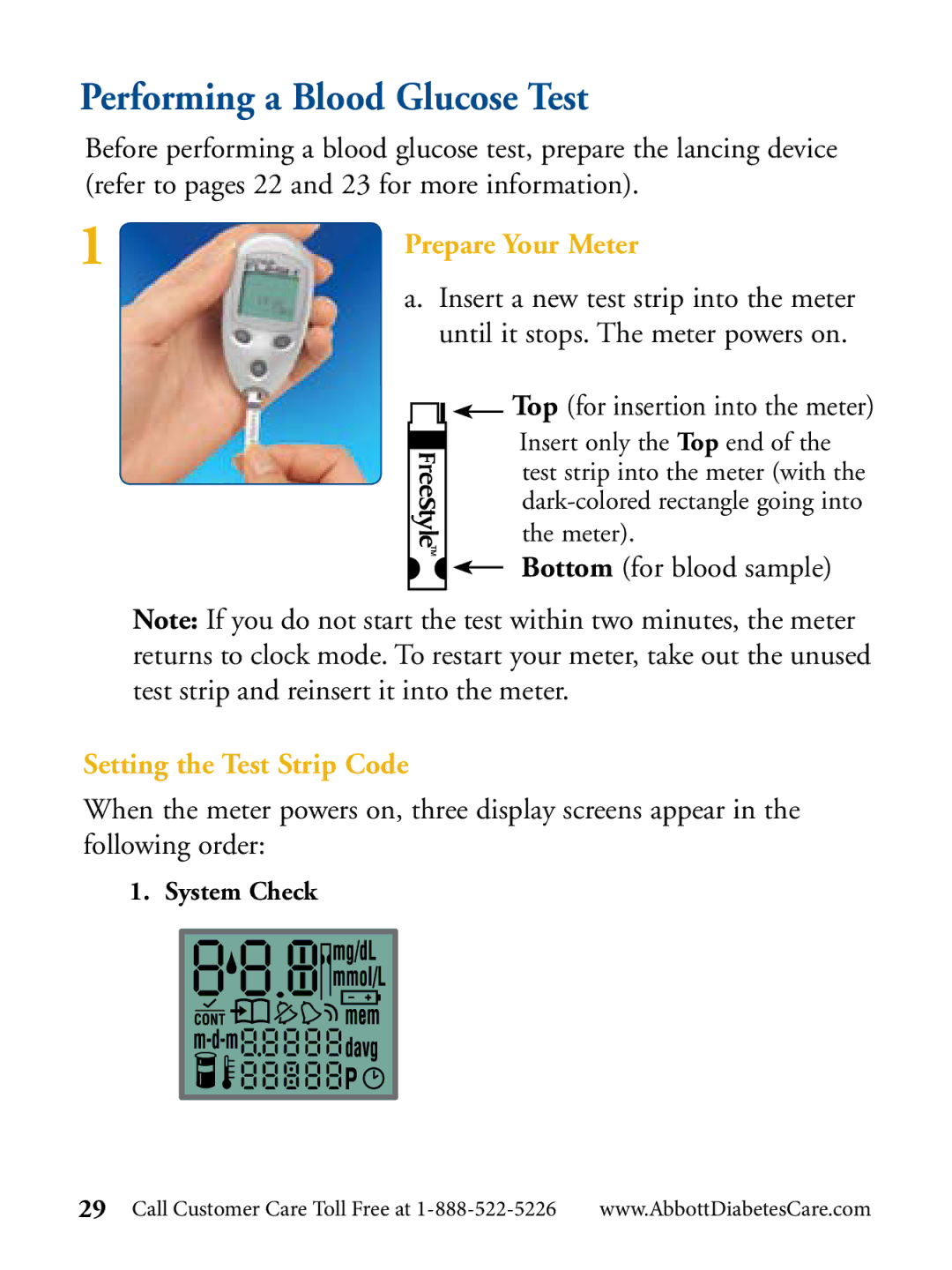 Abbott Diabetes Care Blood Glucose Monitor manual Performing a Blood Glucose Test, Setting the Test Strip Code 