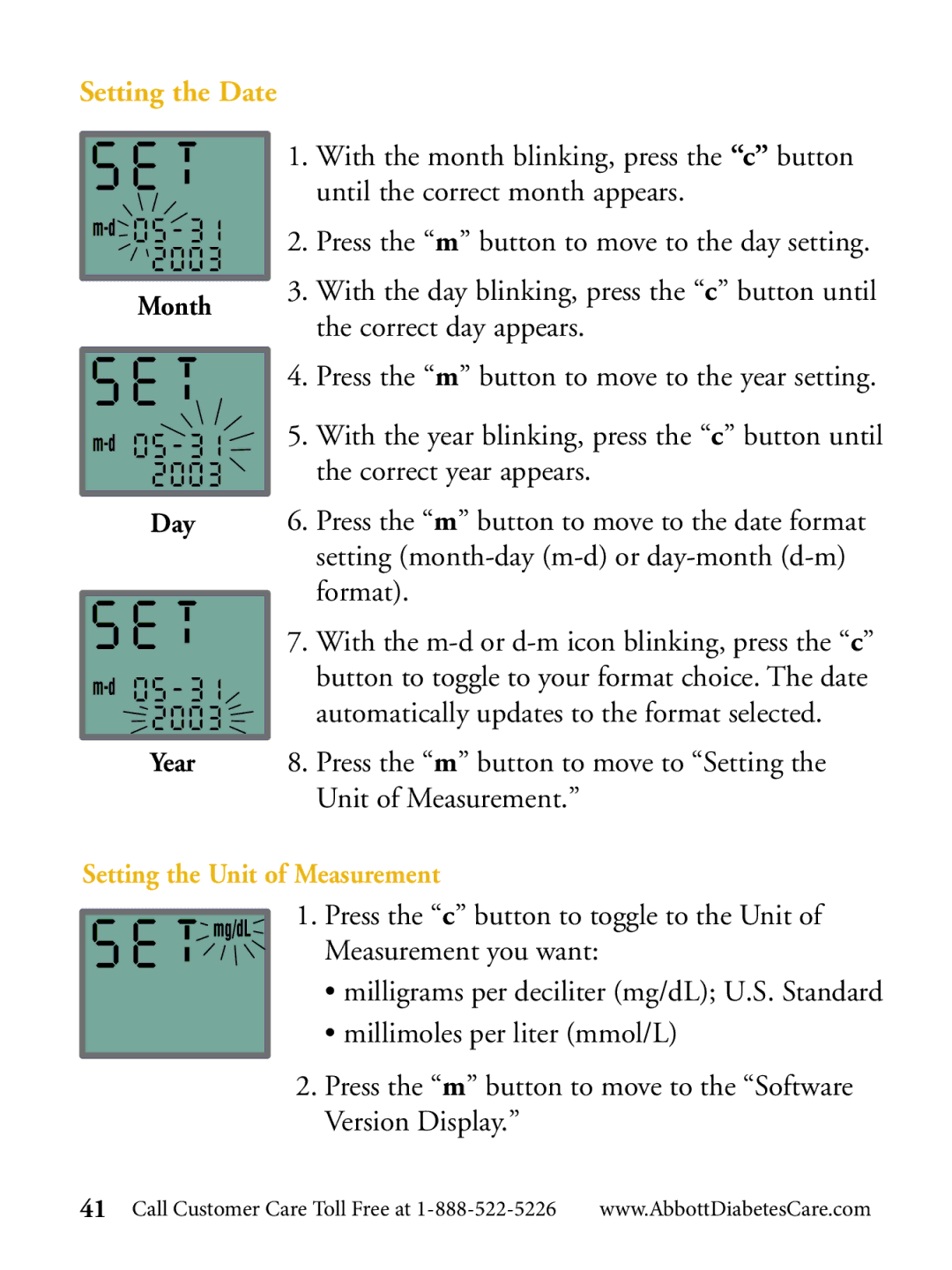 Abbott Diabetes Care Blood Glucose Monitor manual Setting the Date, Setting the Unit of Measurement 