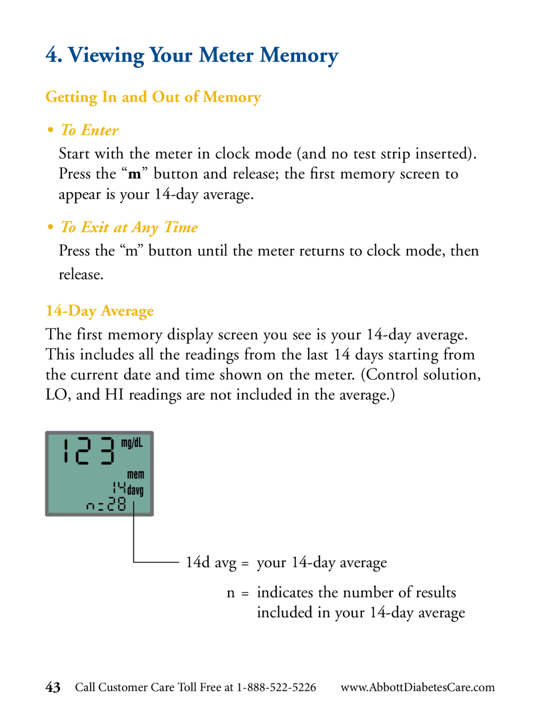 Abbott Diabetes Care Blood Glucose Monitor manual Viewing Your Meter Memory, Getting In and Out of Memory, Day Average 