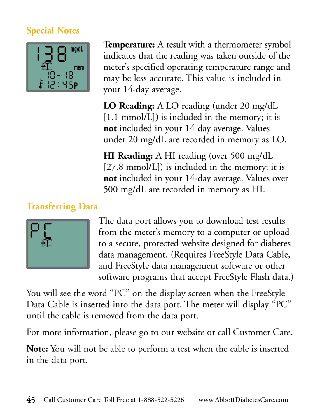 Abbott Diabetes Care Blood Glucose Monitor manual Special Notes, Transferring Data 