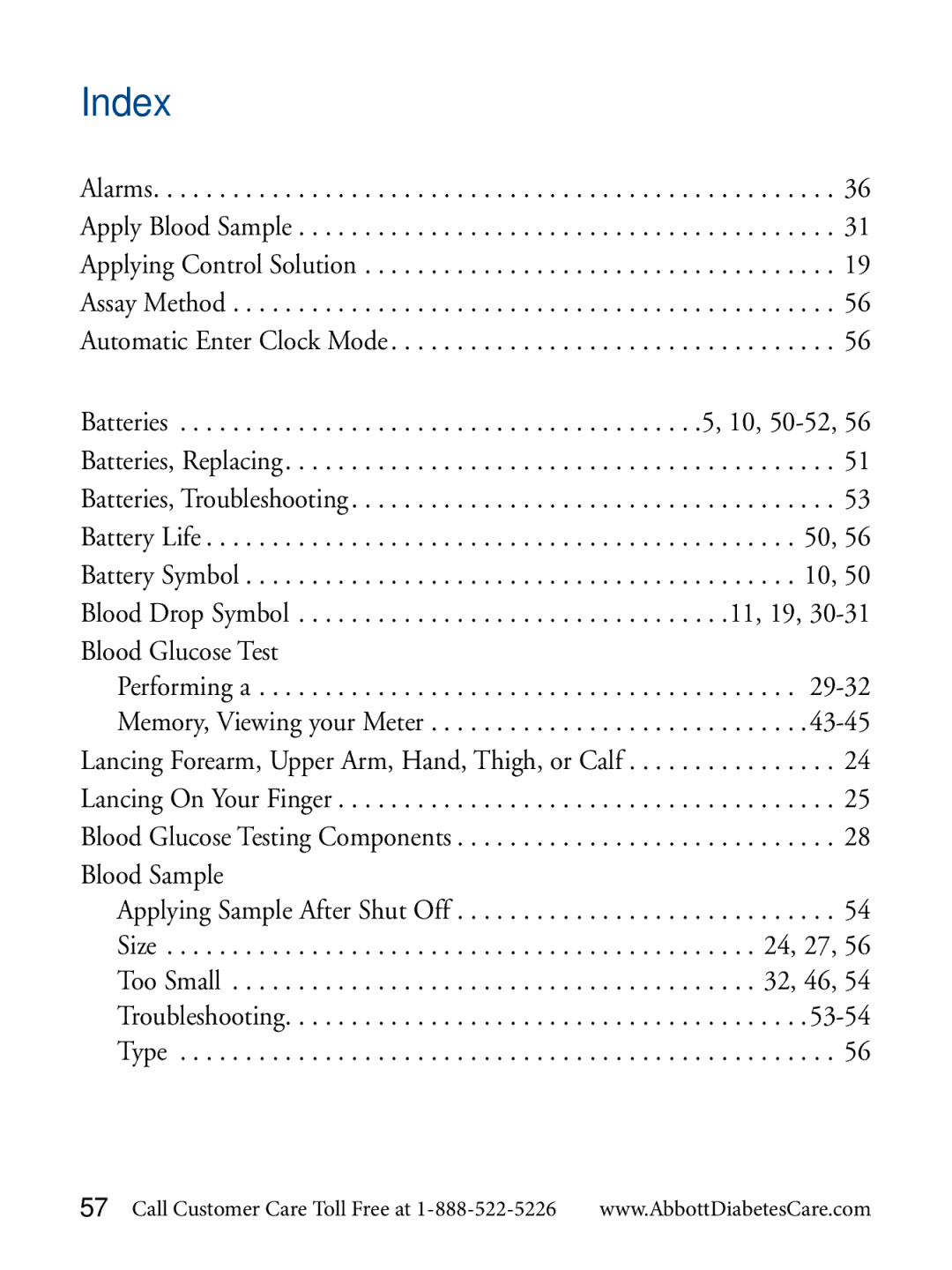 Abbott Diabetes Care Blood Glucose Monitor manual Index 