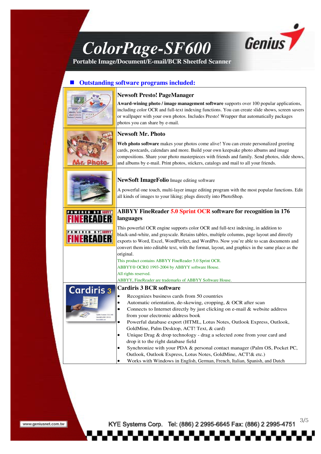 Abbyy USA ColorPage-SF600 Outstanding software programs included, Portable Image/Document/E-mail/BCR Sheetfed Scanner 