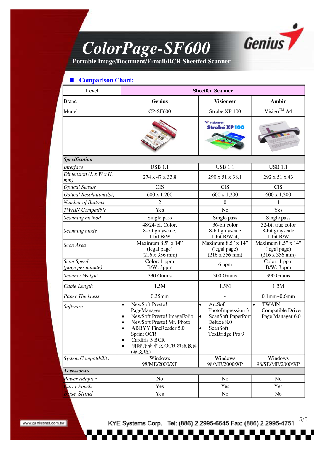 Abbyy USA ColorPage-SF600 Comparison Chart, Portable Image/Document/E-mail/BCR Sheetfed Scanner, Base Stand, Level, Genius 