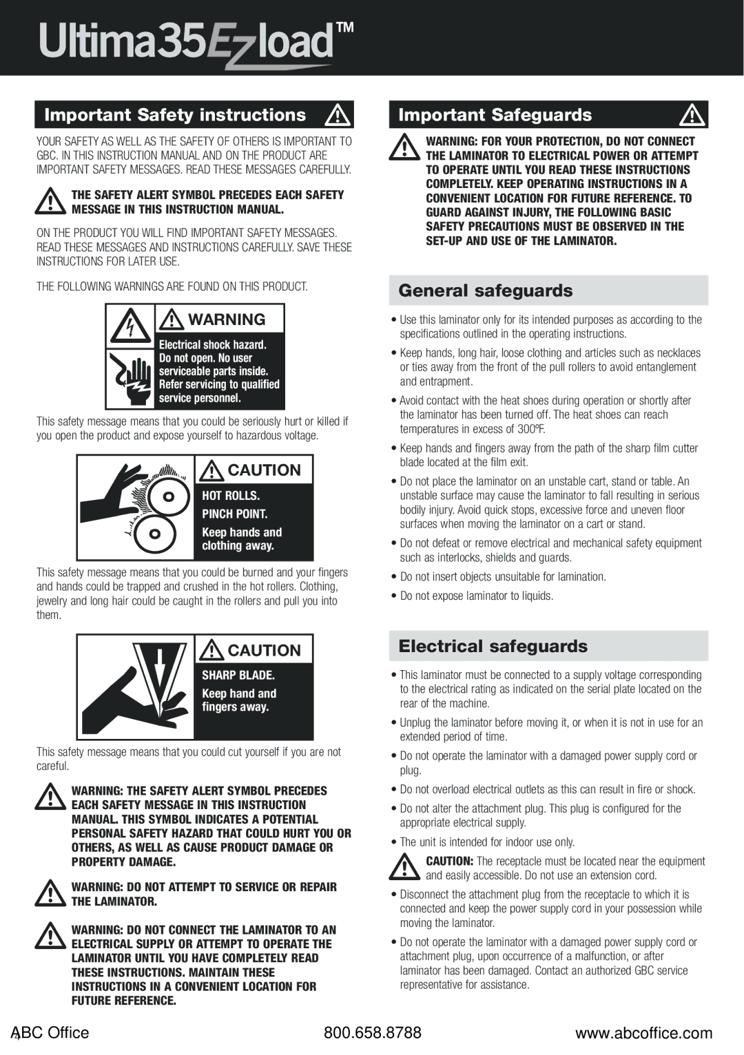 ABC Office 35 EZload manual General safeguards, Electrical safeguards 