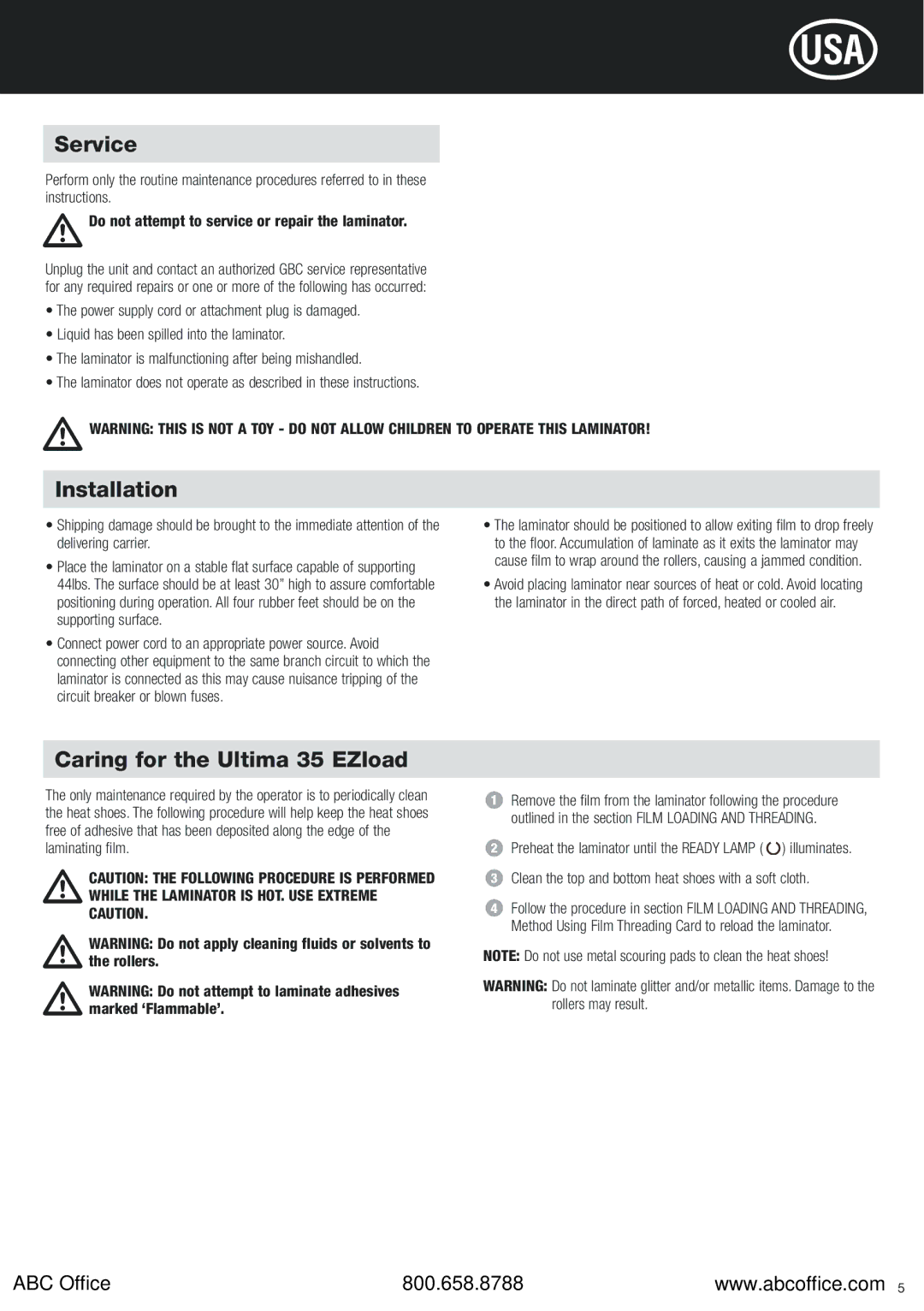 ABC Office manual Service, Installation, Caring for the Ultima 35 EZload 