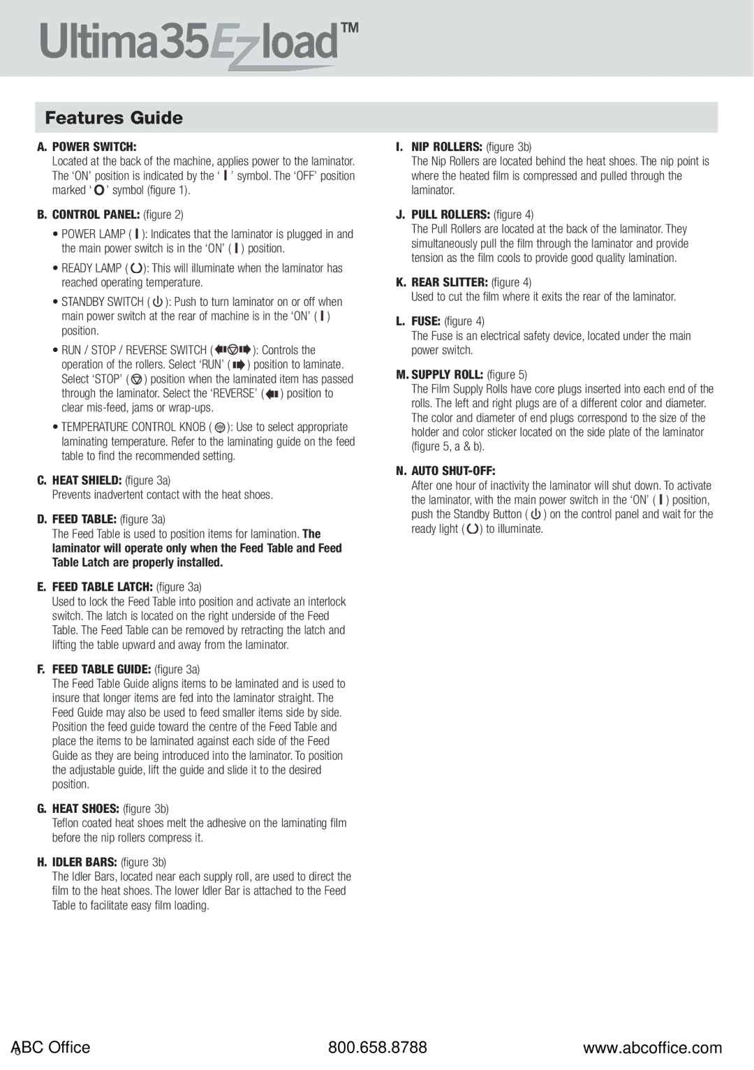 ABC Office 35 EZload manual Features Guide, Control Panel figure, Feed Table Latch a, Feed Table Guide a 