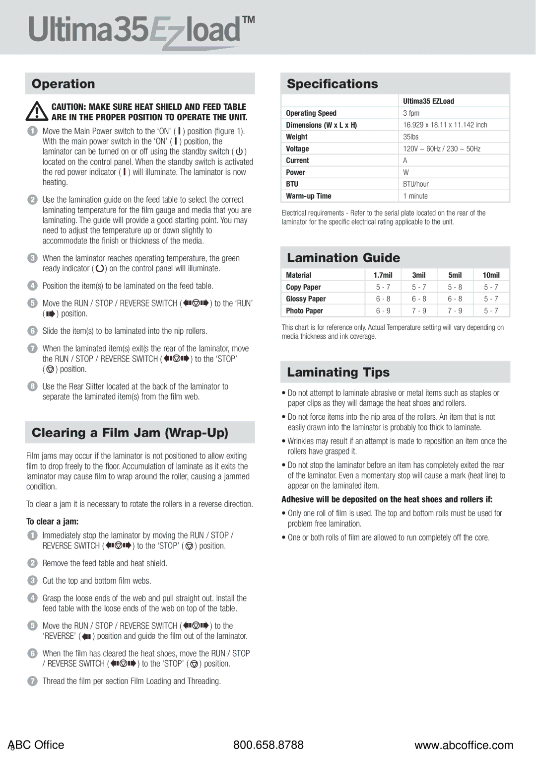 ABC Office 35 EZload manual Operation, Clearing a Film Jam Wrap-Up, Specifications, Lamination Guide, Laminating Tips 