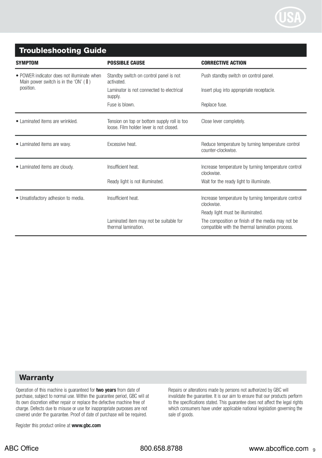 ABC Office 35 EZload manual Warranty, Counter-clockwise, Laminated items are cloudy Insufficient heat, Clockwise 