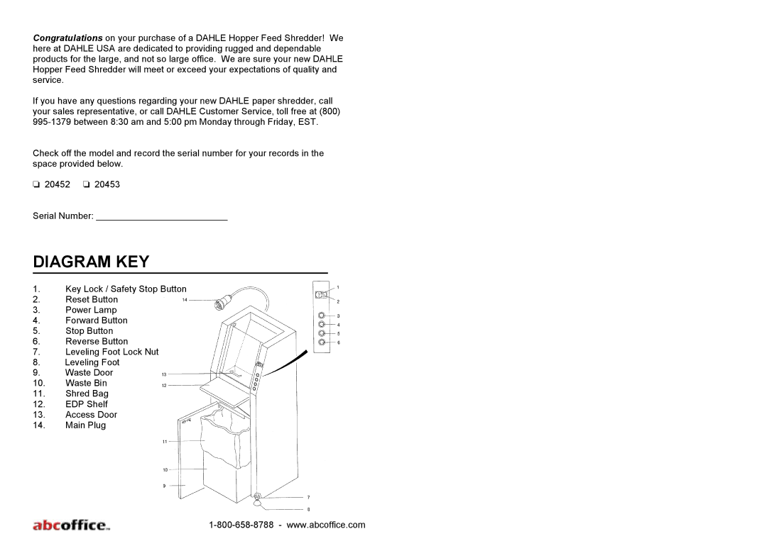 ABC Office 20453, 450 Series, 20452 operation manual Diagram KEY 