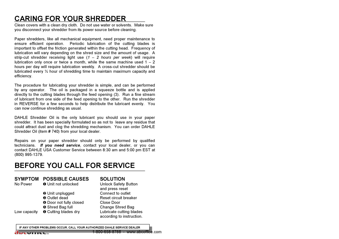 ABC Office 20452, 450 Series, 20453 operation manual Caring for Your Shredder, Before YOU Call for Service 