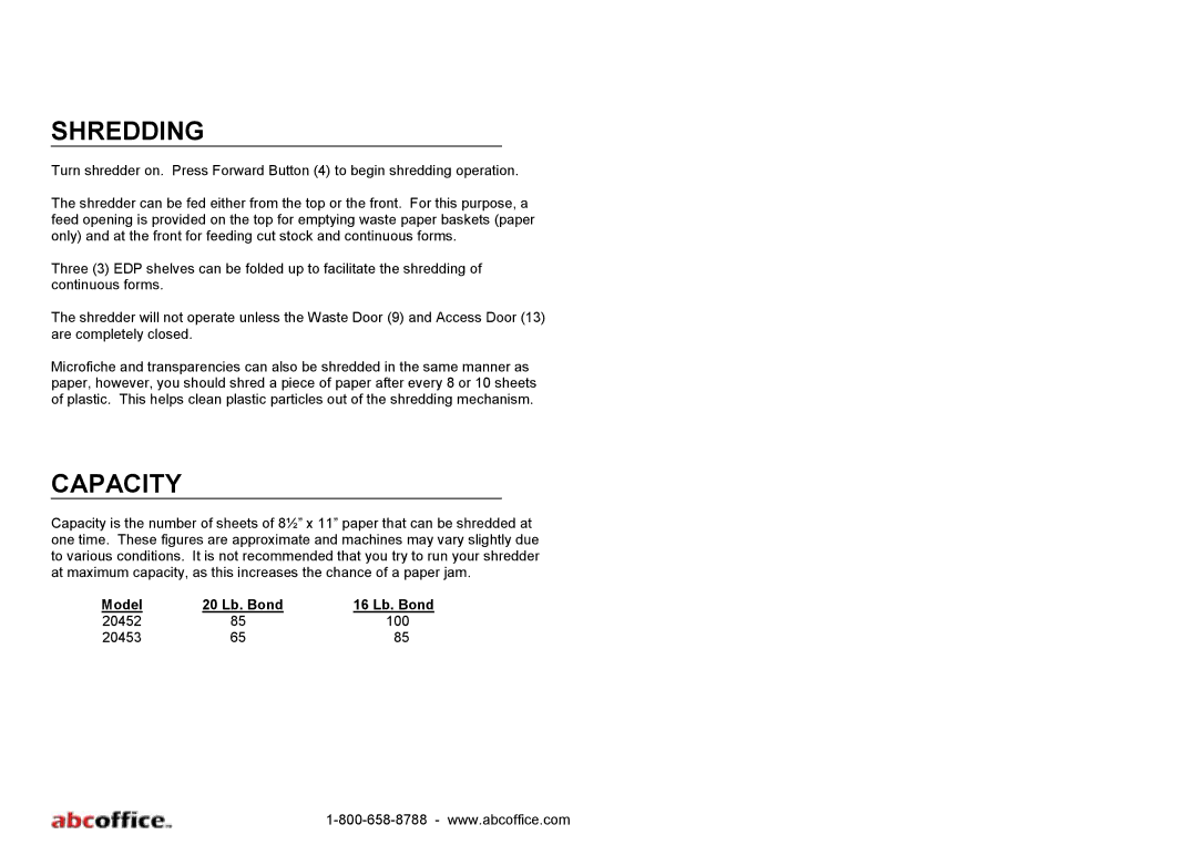 ABC Office 450 Series, 20452, 20453 operation manual Shredding, Capacity 