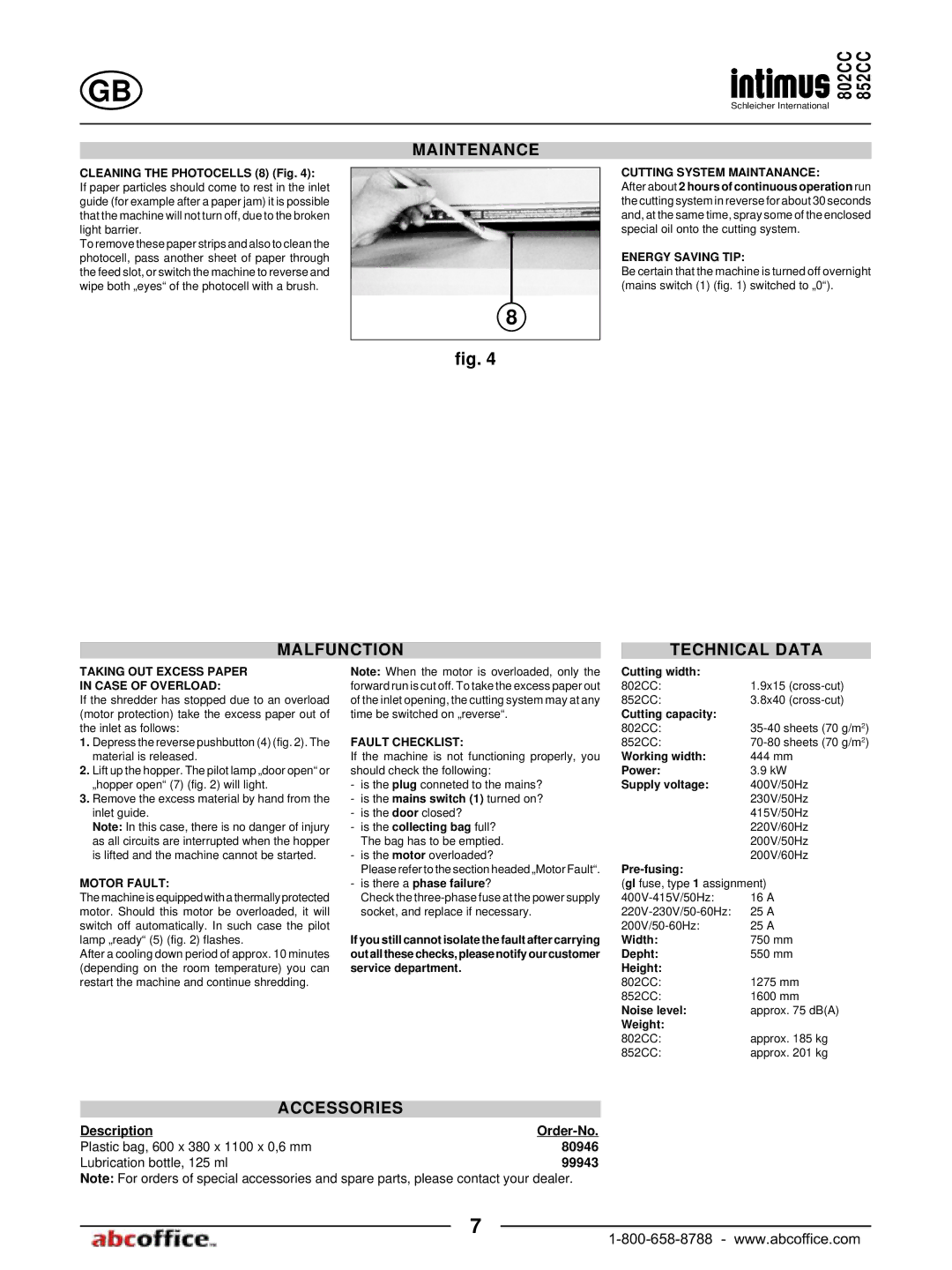 ABC Office 852CC, 802CC manual Maintenance, Malfunction Technical Data, Accessories 