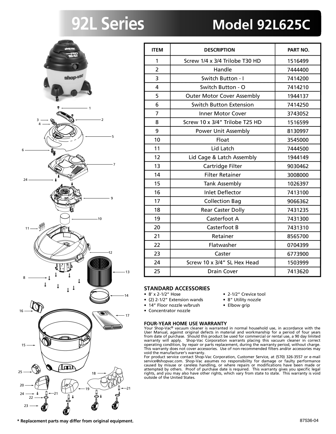 ABC Office warranty 92L Series, Model 92L625C, Standard Accessories, Description, FOUR-YEAR Home USE Warranty 