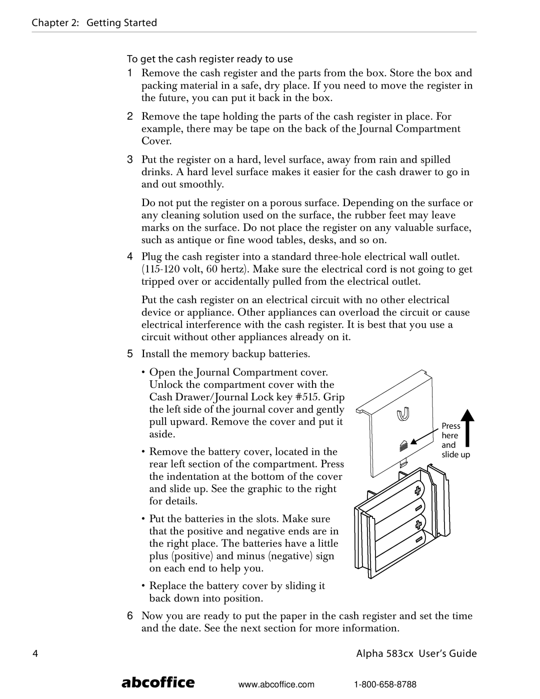 ABC Office Alpha 583cx manual Getting Started To get the cash register ready to use 