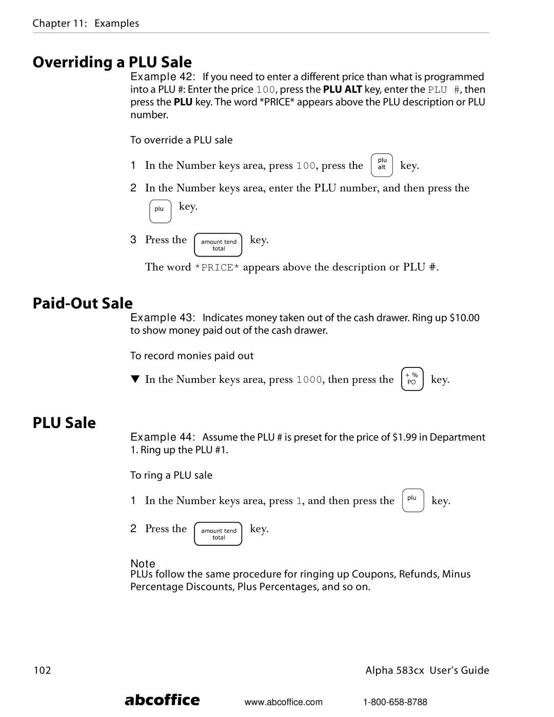 ABC Office Alpha 583cx manual Overriding a PLU Sale, Paid-Out Sale 