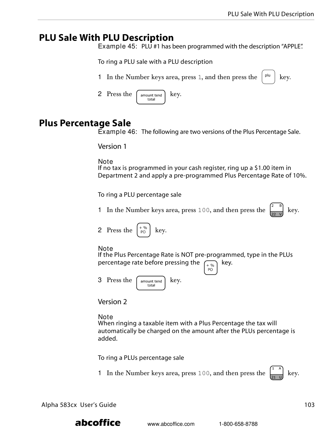 ABC Office manual PLU Sale With PLU Description, Plus Percentage Sale, Alpha 583cx User’s Guide 103 